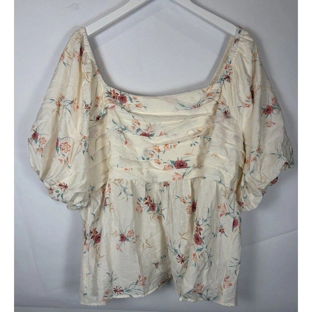 Torrid Cream Floral Puff Sleeve Blouse Smocked Pintuck Babydoll Peplum Top 2x